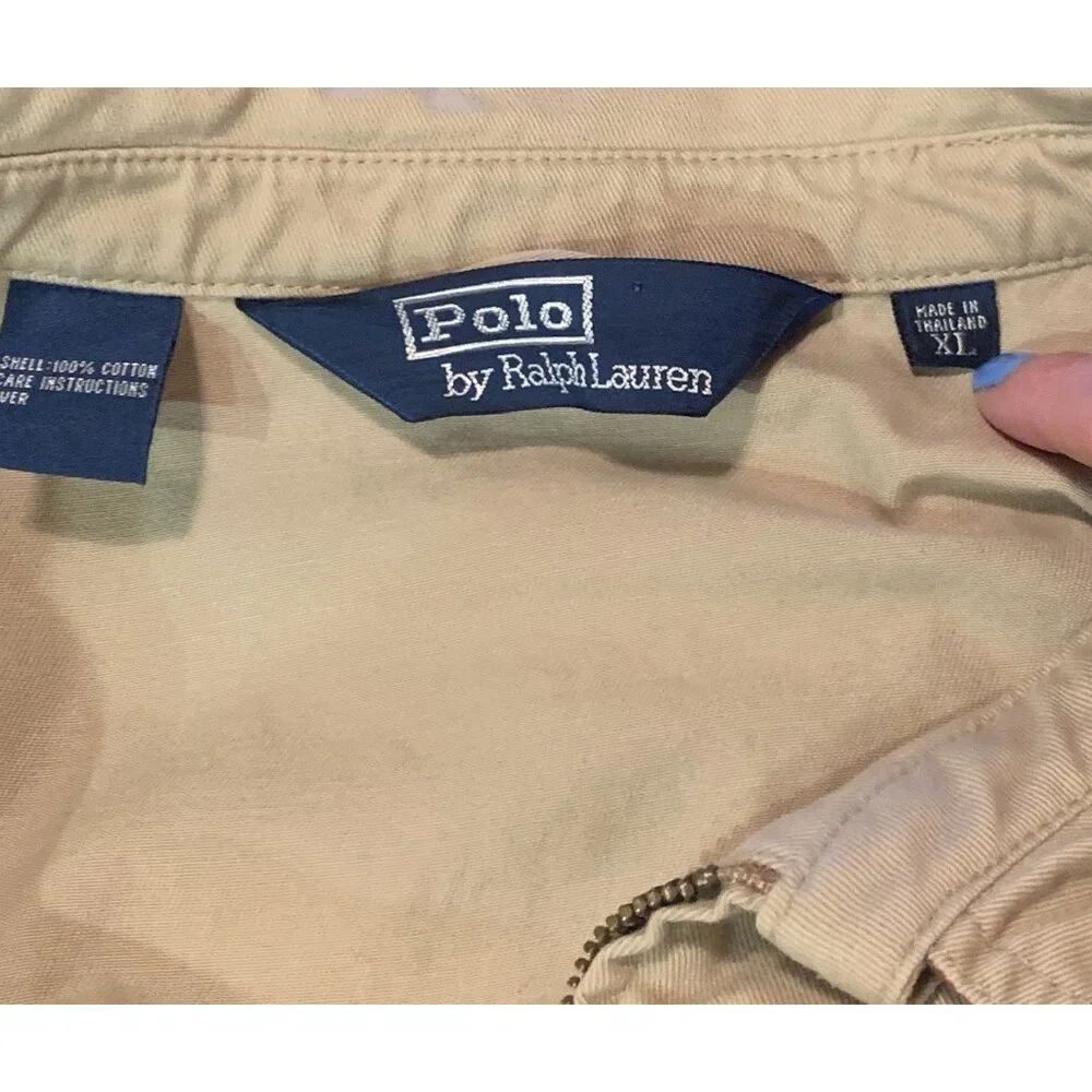 VTG Polo Ralph Lauren Jacket Mens XL Khaki Full Zip Dad Bomber Canvas Navy Pony